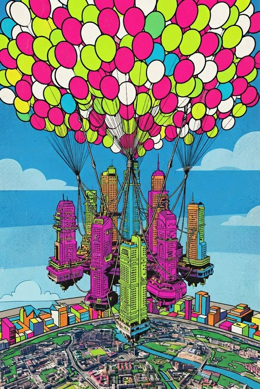 Surreal floating skyscraper city lifted by bright colorful balloons above a downtown landscape