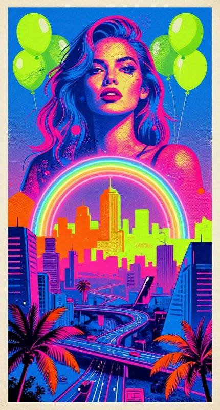 Surreal neon pop art of a woman with balloons above a rainbow arch spanning a vibrant retro cityscape