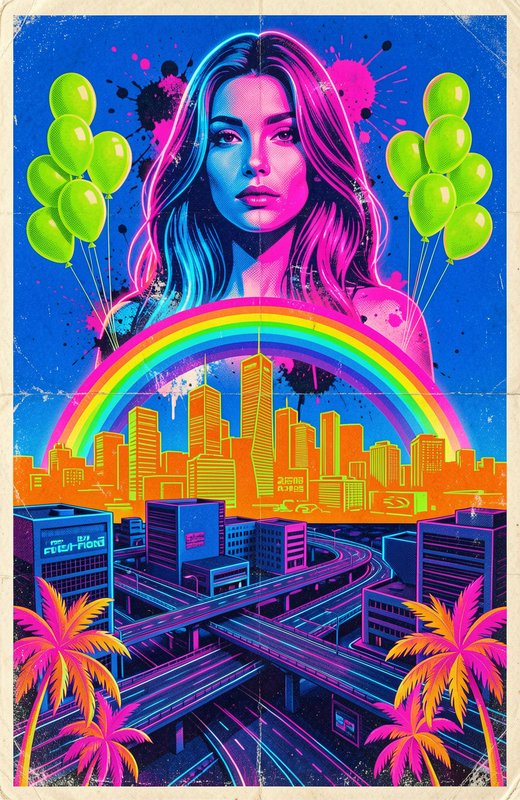 Retro synthwave pop art of a neon lit woman above a vibrant city skyline with rainbow and balloons