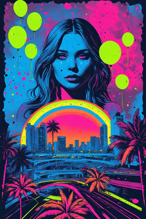 Bold neon pop art portrait of a woman set above a vibrant retro coastal cityscape with balloons, rainbows and palm trees