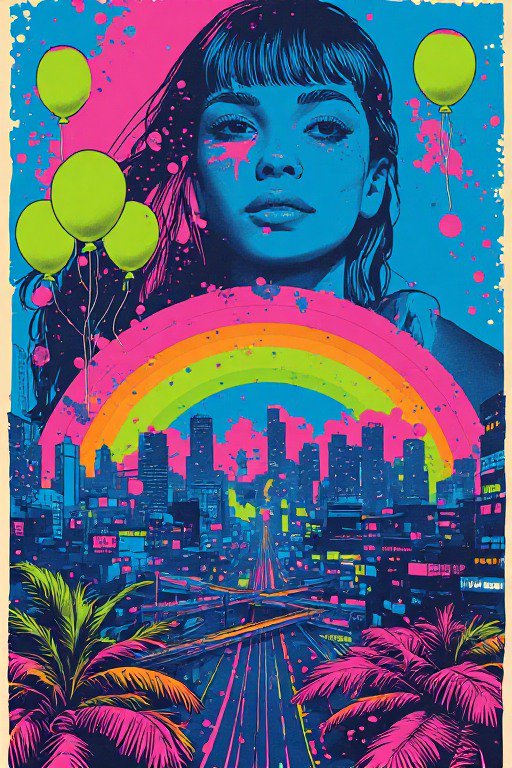 Bold retro pop art portrait of a woman with balloons above a neon rainbow spanning a vibrant cityscape