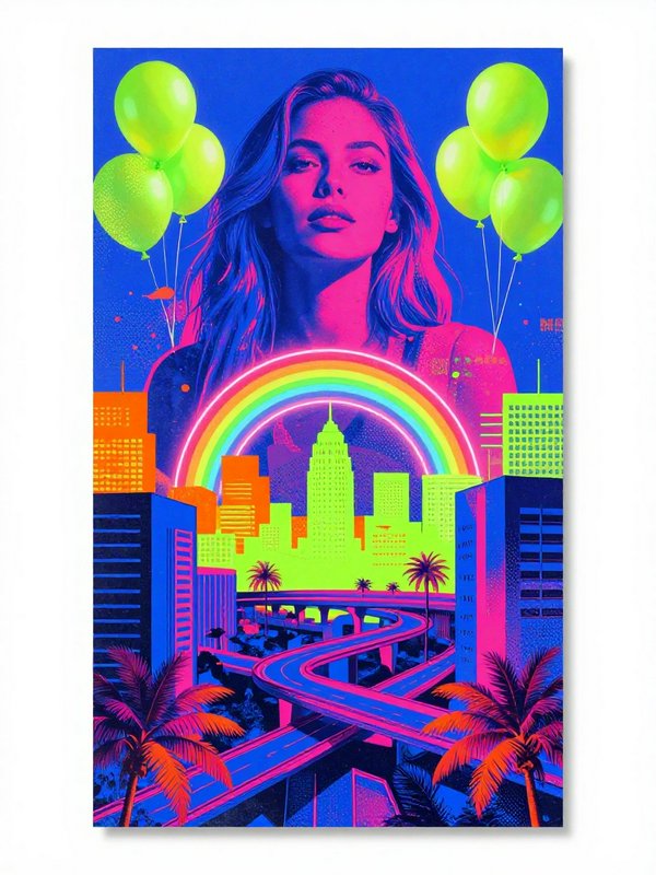 Neon pop art portrait of a woman towering over a vibrant retro city skyline with balloons and rainbow
