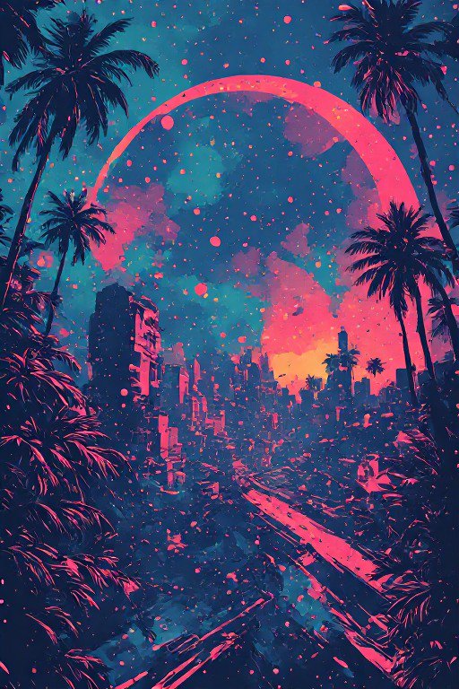 Glowing pink arc hangs over an overgrown abandoned tropical city framed by palm trees under a speckled starry sky