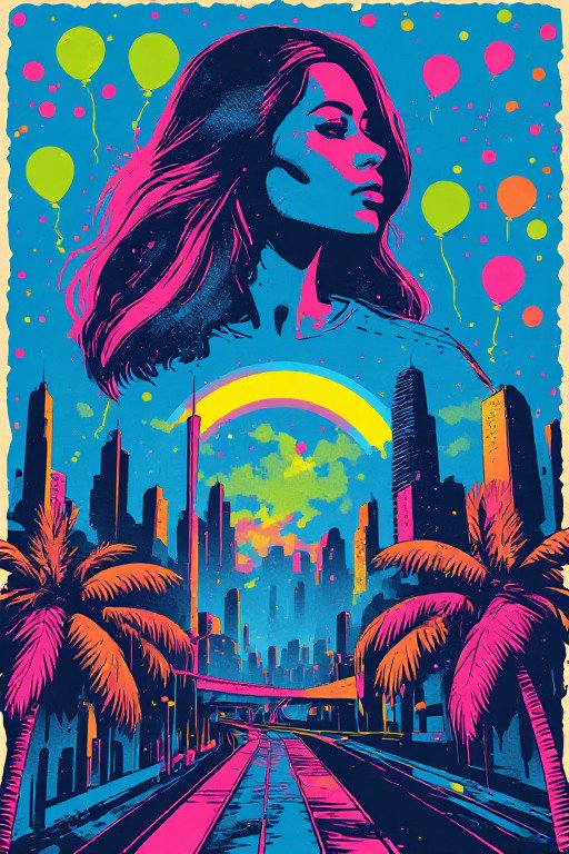 Retro pop art double exposure of a woman overlayed on a neon city skyline with balloons, palm trees and rainbow