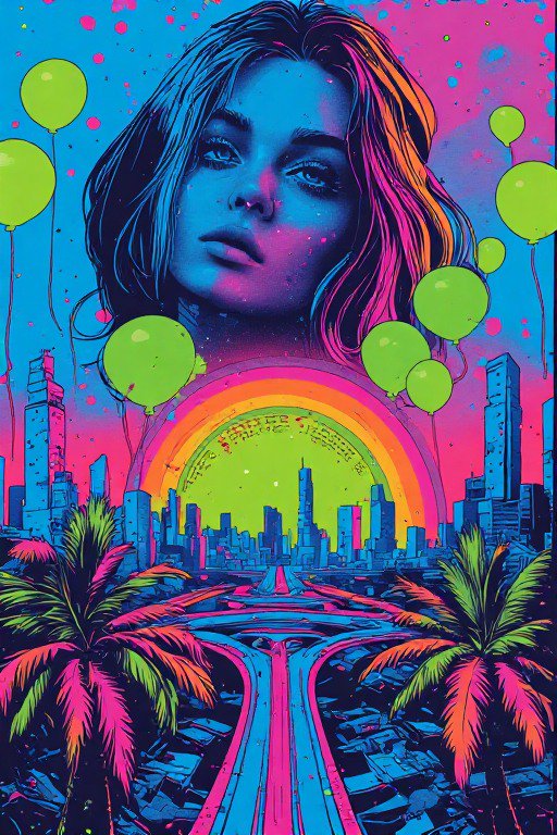 Surreal neon pop art portrait of a woman hovering above a vibrant retro-futuristic cityscape with balloons and rainbow