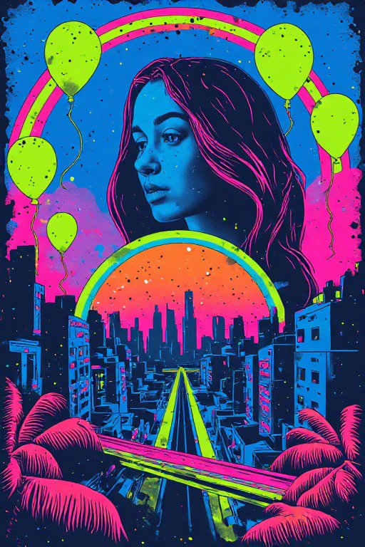 Neon pop art portrait of a pensive woman hovering over a vibrant retro-futuristic cityscape with balloons and rainbows