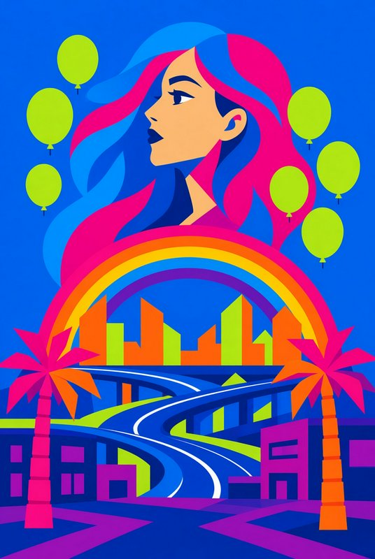 Stylized profile of a woman with pink and blue hair overlooking a vibrant neon cityscape with rainbow and balloons