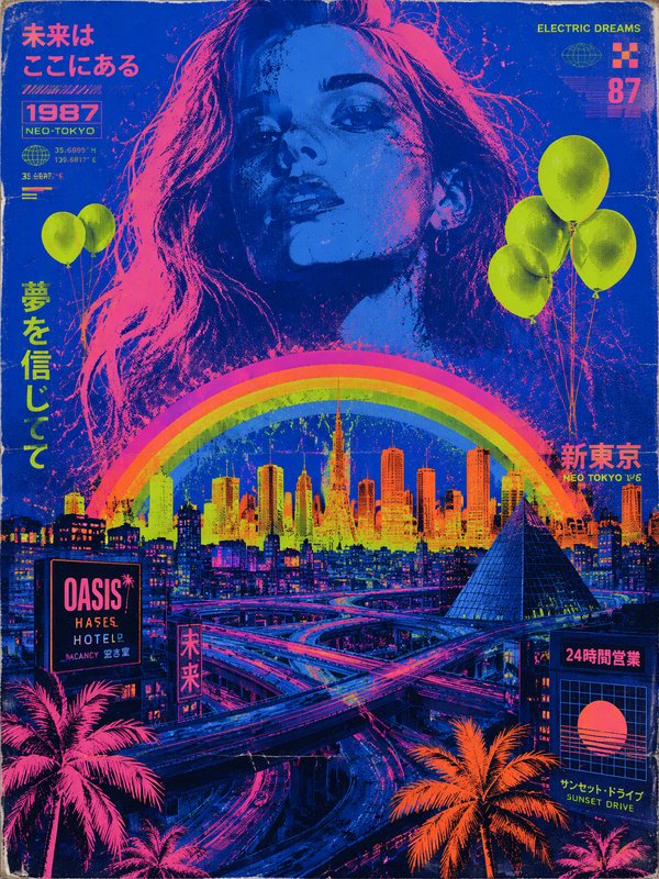 1987 synthwave poster featuring a stylized woman, rainbow, and neon Neo-Tokyo cityscape