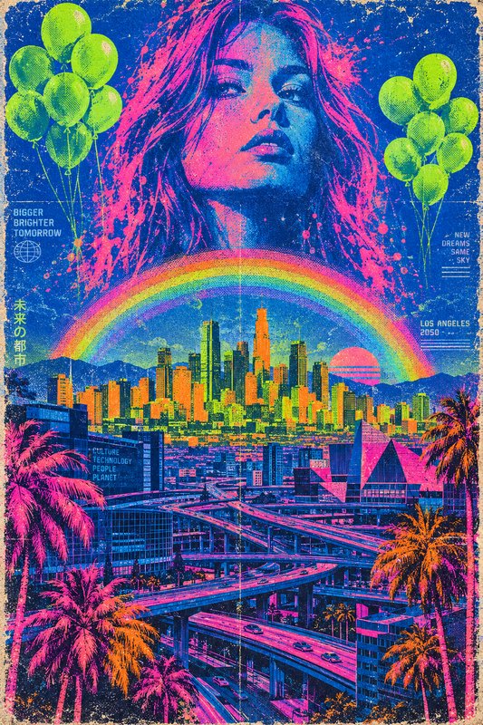 Retro-futurist Los Angeles 2050 poster featuring a woman, neon city skyline, rainbow, and bright green balloons