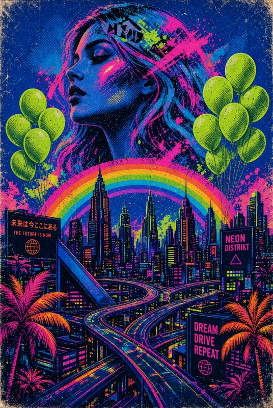 Surreal cyberpunk illustration of a dreaming woman hovering above a neon futuristic city with rainbow and lime balloons