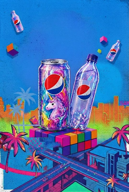 Surreal vaporwave artwork of Pepsi packaging with a pastel unicorn perched above a retro isometric city