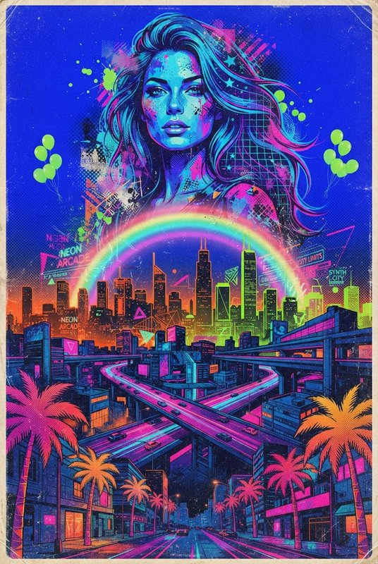 Stylized synthwave woman portrait floating above a neon futuristic cyberpunk city with a glowing rainbow