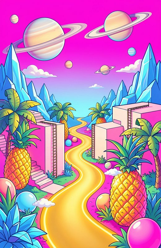 Surreal vaporwave landscape with giant pineapples, ringed planets, and a winding yellow road under a vivid pink sky