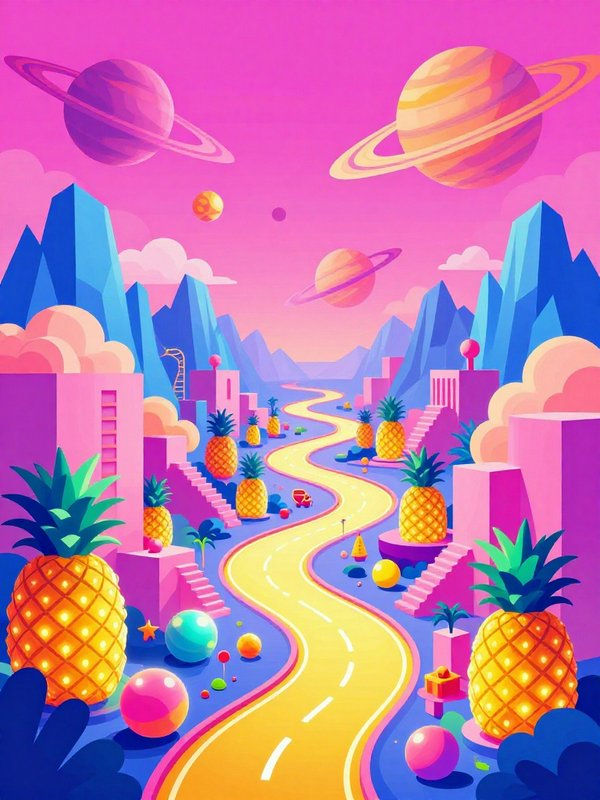 Surreal retro-futuristic alien landscape with glowing pineapples, a winding road, and ringed planets in a pink sky