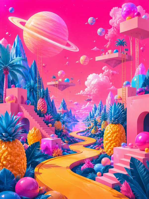 Surreal vaporwave landscape with giant pineapples, ringed planets, floating platforms and bright pink skies