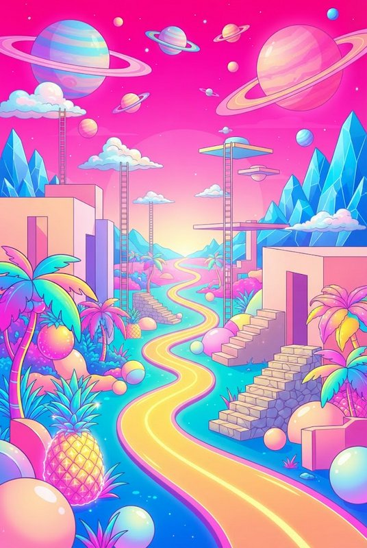 Surreal vaporwave alien landscape with winding golden road, ringed planets, and pastel retro buildings