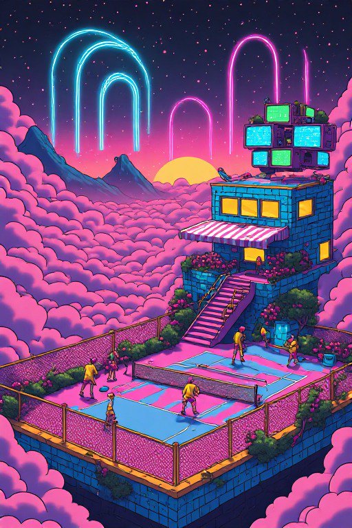 Surreal floating tennis court above fluffy pink clouds under glowing neon arches at cosmic sunset
