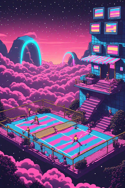 Surreal vaporwave floating tennis court sits above pink clouds under a starry gradient night sky