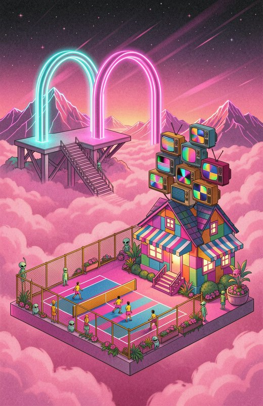 Surreal floating cloud compound with tennis court, retro TV stack, and neon arches above pink sunset mountains