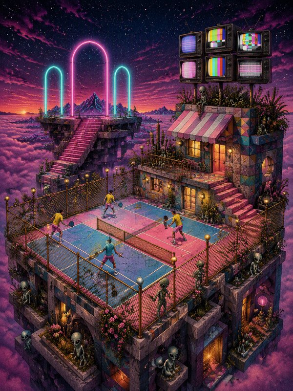 Surreal floating pastel tennis court with players and observing aliens sits above clouds at neon twilight