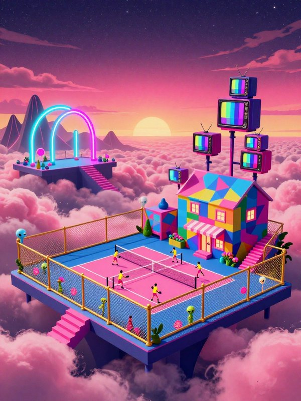 Surreal floating platform with a tennis court, rainbow house, and retro TVs above pink sunset clouds