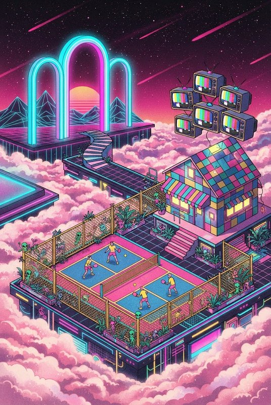 Surreal retro-futuristic floating rooftop complex with tennis court, colorful house, and neon arches above pink clouds