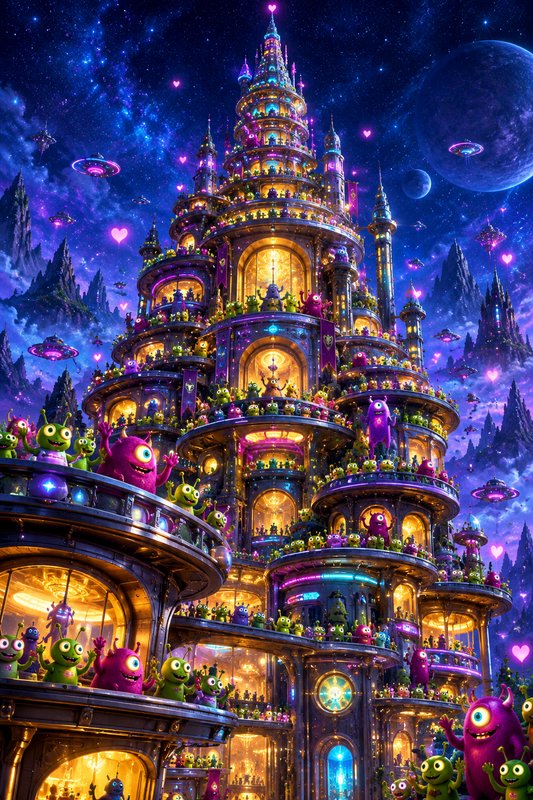 Cheerful aliens gather on tiers of a glowing ornate castle under a starry cosmic night sky