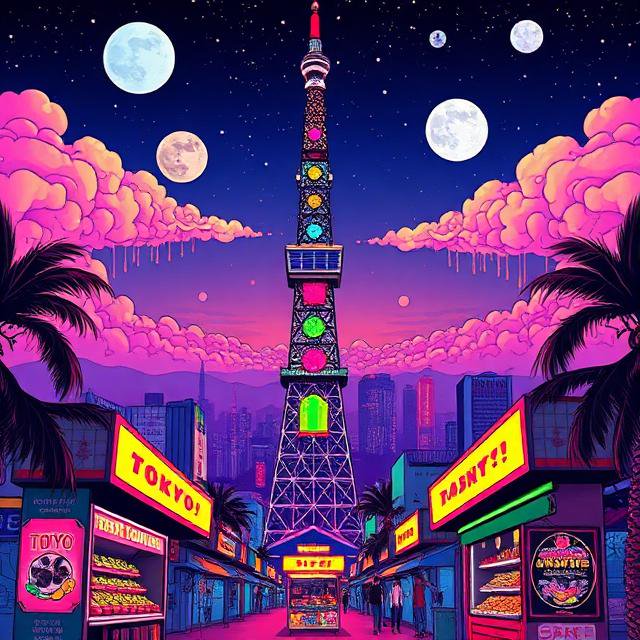 Surreal vaporwave Tokyo street scene with a colorful central tower, multiple moons, and glowing night market stalls