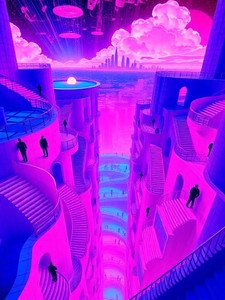 Surreal vaporwave impossible stairway scene glowing with bright pink and purple neon, dotted with tiny silhouetted figures