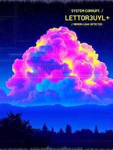 Glitch art of a glowing neon cumulus cloud with system error text over a silhouetted twilight forest landscape