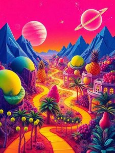 Surreal alien landscape with giant tropical fruit, winding golden path, and pink sky with distant planets