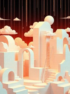 Surreal pastel 3D dreamscape with geometric fantasy architecture, floating clouds, and ladder against a dark red sky