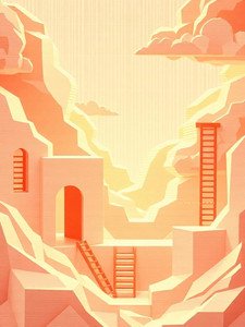 Surreal geometric cliffside adobe buildings connected by ladders in warm peach sunset light