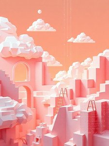 Surreal pastel pink geometric terraced city floating among fluffy clouds under a warm peach sky