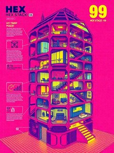 Isometric cutaway illustration of a hexagonal stacked apartment tower set against a vivid hot pink background