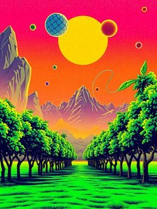Surreal retro-futuristic landscape with tree-lined path, jagged mountains, and floating planets over a bright gradient sky