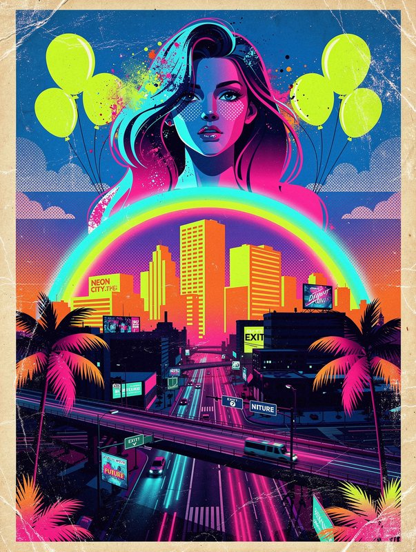 Retro synthwave poster showing a stylized woman floating above a glowing neon city with a rainbow and balloons