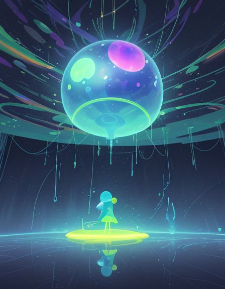 Glowing stylized figure stands beneath a giant luminous floating orb in a surreal cosmic dreamscape