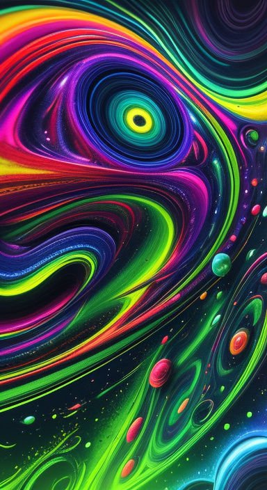 Swirling neon rainbow psychedelic abstract cosmic art with fluid vortex patterns and glowing floating orbs