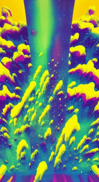 Psychedelic abstract fluid art with bright swirling neon yellow, green, purple and blue textured forms