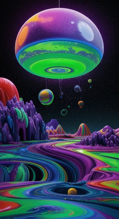 Surreal psychedelic alien landscape with floating translucent planets above swirled neon cosmic terrain