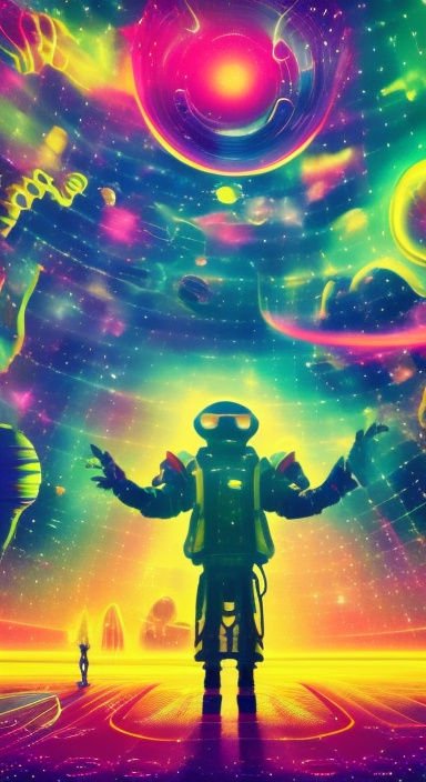 Silhouetted astronaut with outstretched arms stands beneath a swirling vibrant psychedelic cosmic sky