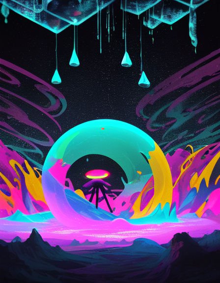 Psychedelic neon alien landscape with a glowing portal, flying saucer, and dripping crystalline space formations