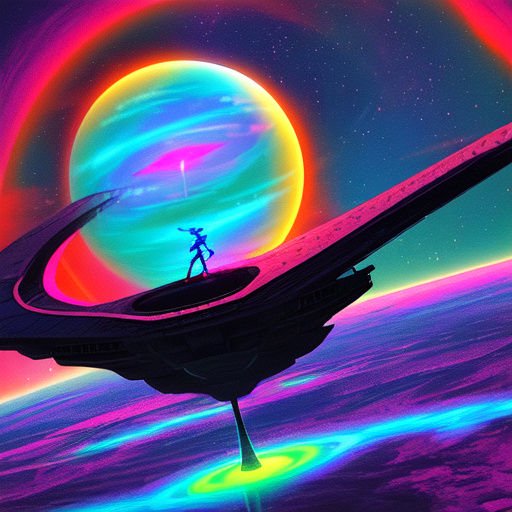 Silhouetted space explorer stands on a neon starship before a glowing rainbow gas giant in deep space