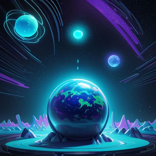 Glowing Earth-like alien planet sits on a futuristic platform beneath a starry cosmic sky of orbiting worlds.