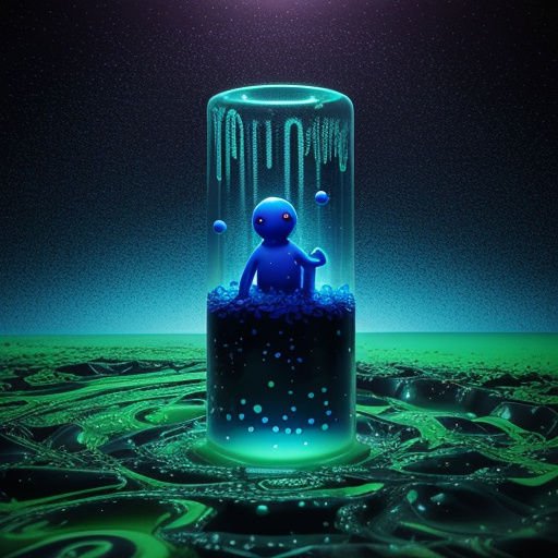 Small blue humanoid creature trapped inside a glowing glass test tube on a surreal alien landscape