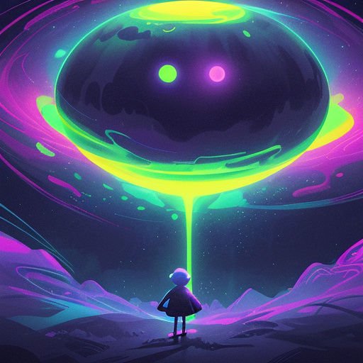 Lone cartoon figure stands on an alien planet facing a glowing neon UFO projecting a bright green beam