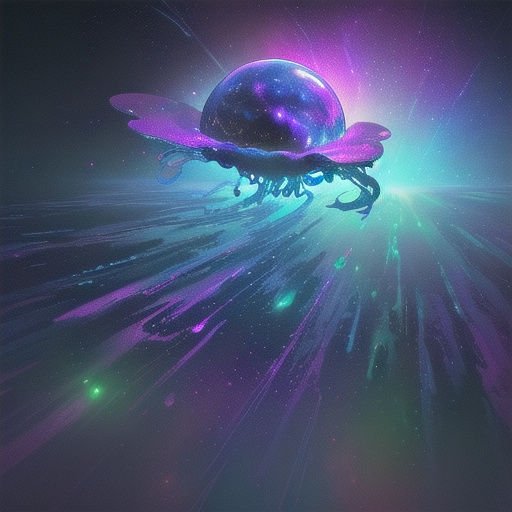 Glowing cosmic jellyfish drifts through streaked neon outer space