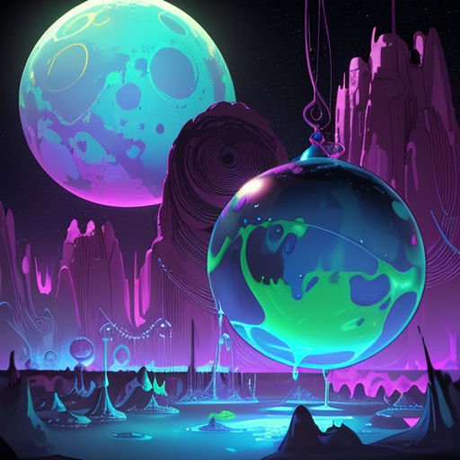 Glowing liquid-filled hanging orb hovers over a surreal neon alien landscape beneath a large gradient full moon