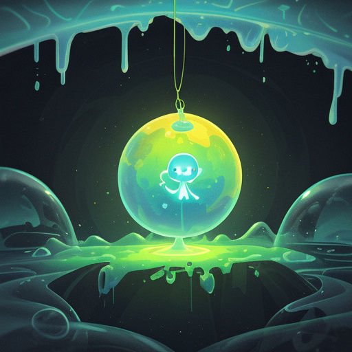Tiny glowing cartoon alien floating inside a hanging translucent orb in a dark slime-filled cavern